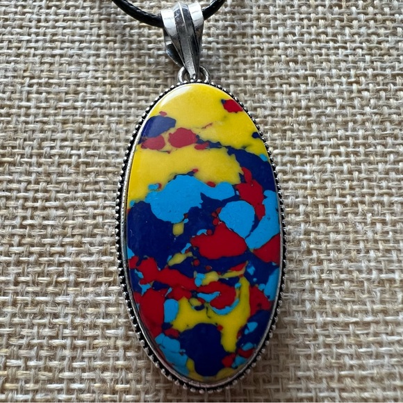 New Mosaic Balloon Jasper Vintage Style Silver Overlay Pendant Necklace - Picture 4 of 8